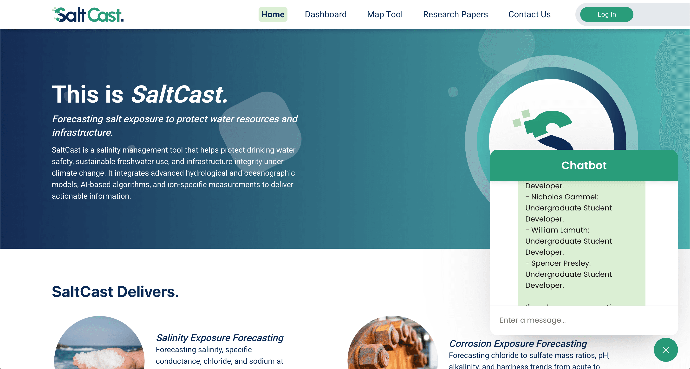 SaltCast website with its salinity research chatbot open