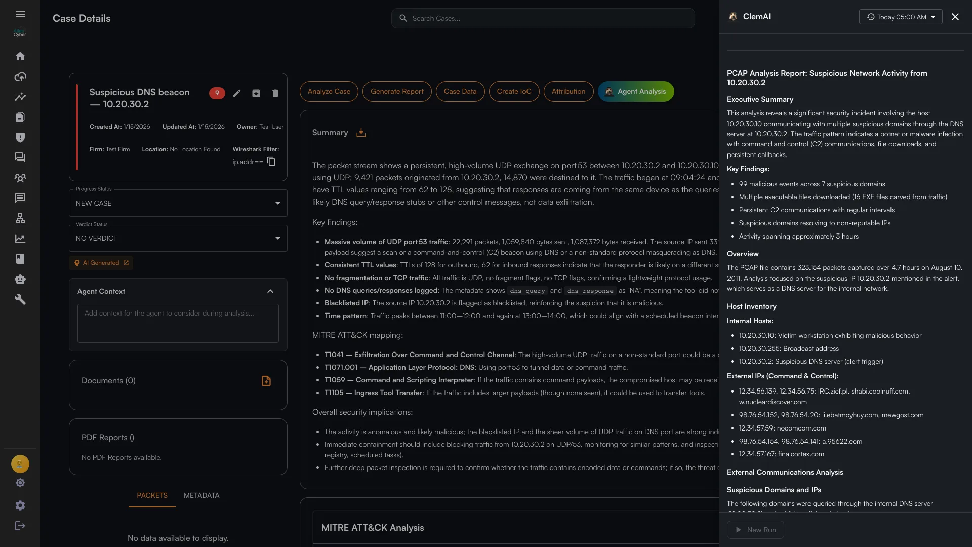 CrunchAtlas case view showing a structured report produced by a security analysis agent